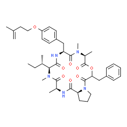 ChemSpider 2D Image | (3S,6S,9S,12S,20aS)-15-Benzyl-6-[(2S)-2-butanyl]-3,5,11,12-tetramethyl-9-{4-[(3-methyl-3-buten-1-yl)oxy]benzyl}dodecahydro-1H-pyrrolo[1,2-d][1,4,7,10,13,16]oxapentaazacyclooctadecine-1,4,7,10,13,16(15
H)-hexone | C42H57N5O8