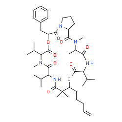 ChemSpider 2D Image | 19-Benzyl-6,13,16-triisopropyl-2,3,10,10,15-pentamethyl-9-(4-penten-1-yl)dodecahydro-1H,9H-pyrrolo[2,1-i][1,13,4,7,10,16,19]dioxapentaazacyclodocosine-1,4,7,11,14,17,20(10H,19H)-heptone | C44H67N5O9