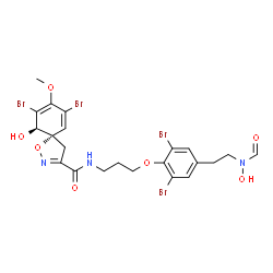 ChemSpider 2D Image | (5S,10R)-7,9-Dibromo-N-[3-(2,6-dibromo-4-{2-[formyl(hydroxy)amino]ethyl}phenoxy)propyl]-10-hydroxy-8-methoxy-1-oxa-2-azaspiro[4.5]deca-2,6,8-triene-3-carboxamide | C22H23Br4N3O7