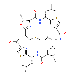 ChemSpider 2D Image | (1R,4R,8R,15R,18R,22R)-8,22-Diisobutyl-4,18-dimethyl-3,17-dioxa-10,24,30,31-tetrathia-7,14,21,28,33,34,35,36-octaazahexacyclo[13.13.4.1~2,5~.1~9,12~.1~16,19~.1~23,26~]hexatriaconta-2(36),9(35),11,16(3
4),23(33),25-hexaene-6,13,20,27-tetrone | C32H42N8O6S4
