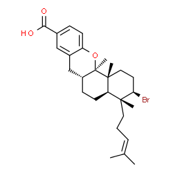 ChemSpider 2D Image | (3R,4R,4aS,6aR,12aR,12bR)-3-Bromo-4,12a,12b-trimethyl-4-(4-methyl-3-penten-1-yl)-2,3,4,4a,5,6,6a,7,12a,12b-decahydro-1H-benzo[c]xanthene-9-carboxylic acid | C27H37BrO3