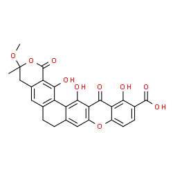 ChemSpider 2D Image | 13,15,16-Trihydroxy-3-methoxy-3-methyl-1,14-dioxo-1,3,4,6,7,14-hexahydropyrano[4',3':6,7]naphtho[1,2-b]xanthene-12-carboxylic acid | C27H20O10