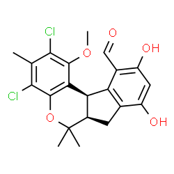 ChemSpider 2D Image | (6aR,11bR)-2,4-Dichloro-8,10-dihydroxy-1-methoxy-3,6,6-trimethyl-6,6a,7,11b-tetrahydroindeno[2,1-c]chromene-11-carbaldehyde | C21H20Cl2O5