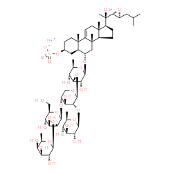 ChemSpider 2D Image | Sodium (3beta,5alpha,6alpha,22R,23S)-6-{[6-deoxy-beta-D-galactopyranosyl-(1->2)-beta-D-mannopyranosyl-(1->4)-[6-deoxy-beta-D-glucopyranosyl-(1->2)]-beta-D-xylopyranosyl-(1->3)-6-deoxy-beta-D-glucopyra
nosyl]oxy}-20-hydroxy-8-methyl-22,23-epoxycholest-9(11)-en-3-yl sulfate | C57H93NaO28S