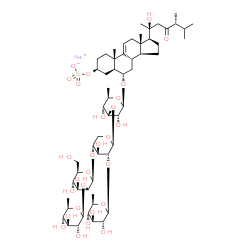 ChemSpider 2D Image | Sodium (3beta,5alpha,6alpha)-6-{[6-deoxy-beta-D-glucopyranosyl-(1->2)-[6-deoxy-beta-D-glucopyranosyl-(1->2)-beta-D-mannopyranosyl-(1->4)]-beta-D-xylopyranosyl-(1->3)-6-deoxy-beta-D-glucopyranosyl]oxy}
-20-hydroxy-23-oxoergost-9(11)-en-3-yl sulfate | C57H93NaO28S