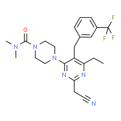 ChemSpider 2D Image | 4-{2-(Cyanomethyl)-6-ethyl-5-[3-(trifluoromethyl)benzyl]-4-pyrimidinyl}-N,N-dimethyl-1-piperazinecarboxamide | C23H27F3N6O