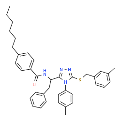ChemSpider 2D Image | 4-Hexyl-N-(1-{5-[(3-methylbenzyl)sulfanyl]-4-(4-methylphenyl)-4H-1,2,4-triazol-3-yl}-2-phenylethyl)benzamide | C38H42N4OS