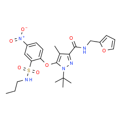 ChemSpider 2D Image | N-(2-Furylmethyl)-4-methyl-1-(2-methyl-2-propanyl)-5-[4-nitro-2-(propylsulfamoyl)phenoxy]-1H-pyrazole-3-carboxamide | C23H29N5O7S
