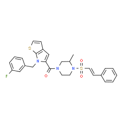 ChemSpider 2D Image | [6-(3-Fluorobenzyl)-6H-thieno[2,3-b]pyrrol-5-yl](3-methyl-4-{[(E)-2-phenylvinyl]sulfonyl}-1-piperazinyl)methanone | C27H26FN3O3S2