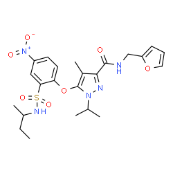 ChemSpider 2D Image | 5-[2-(sec-Butylsulfamoyl)-4-nitrophenoxy]-N-(2-furylmethyl)-1-isopropyl-4-methyl-1H-pyrazole-3-carboxamide | C23H29N5O7S