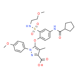 ChemSpider 2D Image | 5-{4-[(Cyclopentylcarbonyl)amino]-2-[(2-methoxyethyl)sulfamoyl]phenoxy}-1-(4-methoxyphenyl)-4-methyl-1H-pyrazole-3-carboxylic acid | C27H32N4O8S