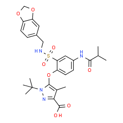 ChemSpider 2D Image | 5-{2-[(1,3-Benzodioxol-5-ylmethyl)sulfamoyl]-4-(isobutyrylamino)phenoxy}-4-methyl-1-(2-methyl-2-propanyl)-1H-pyrazole-3-carboxylic acid | C27H32N4O8S