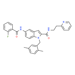 ChemSpider 2D Image | 1-(2,5-Dimethylbenzyl)-5-[(2-fluorobenzoyl)amino]-N-[2-(2-pyridinyl)ethyl]-1H-indole-2-carboxamide | C32H29FN4O2