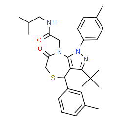 ChemSpider 2D Image | N-Isobutyl-2-[4-(3-methylphenyl)-1-(4-methylphenyl)-3-(2-methyl-2-propanyl)-7-oxo-1,4,6,7-tetrahydro-8H-pyrazolo[3,4-e][1,4]thiazepin-8-yl]acetamide | C30H38N4O2S