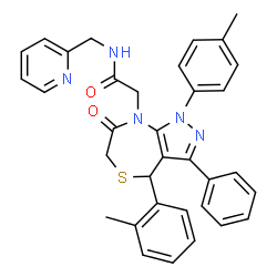 ChemSpider 2D Image | 2-[4-(2-Methylphenyl)-1-(4-methylphenyl)-7-oxo-3-phenyl-1,4,6,7-tetrahydro-8H-pyrazolo[3,4-e][1,4]thiazepin-8-yl]-N-(2-pyridinylmethyl)acetamide | C34H31N5O2S