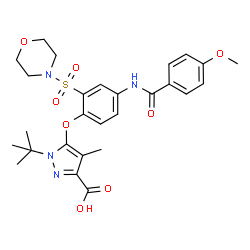 ChemSpider 2D Image | 5-{4-[(4-Methoxybenzoyl)amino]-2-(4-morpholinylsulfonyl)phenoxy}-4-methyl-1-(2-methyl-2-propanyl)-1H-pyrazole-3-carboxylic acid | C27H32N4O8S