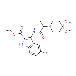 ChemSpider 2D Image | Ethyl 3-{[2-(1,4-dioxa-8-azaspiro[4.5]dec-8-yl)propanoyl]amino}-5-fluoro-1H-indole-2-carboxylate | C21H26FN3O5