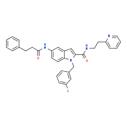 ChemSpider 2D Image | 1-(3-Fluorobenzyl)-5-[(3-phenylpropanoyl)amino]-N-[2-(2-pyridinyl)ethyl]-1H-indole-2-carboxamide | C32H29FN4O2