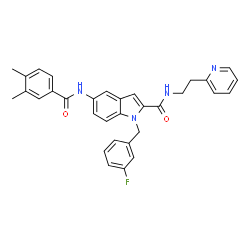 ChemSpider 2D Image | 5-[(3,4-Dimethylbenzoyl)amino]-1-(3-fluorobenzyl)-N-[2-(2-pyridinyl)ethyl]-1H-indole-2-carboxamide | C32H29FN4O2
