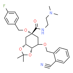 ChemSpider 2D Image | (3aR,5R,7aS)-7-[(2-Cyanobenzyl)oxy]-N-[2-(dimethylamino)ethyl]-5-[(4-fluorobenzyl)oxy]-2,2-dimethylhexahydro-1,3-benzodioxole-5-carboxamide | C29H36FN3O5