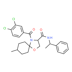 ChemSpider 2D Image | 4-(3,4-Dichlorobenzoyl)-8-methyl-N-(1-phenylethyl)-1-oxa-4-azaspiro[4.5]decane-3-carboxamide | C25H28Cl2N2O3
