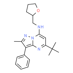 ChemSpider 2D Image | 5-tert-butyl-2-methyl-3-phenyl-N-(tetrahydrofuran-2-ylmethyl)pyrazolo[1,5-a]pyrimidin-7-amine | C22H28N4O