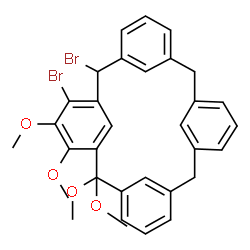 ChemSpider 2D Image | 6,8-Dibromo-2,2,4,5-tetramethoxypentacyclo[19.3.1.1~3,7~.1~9,13~.1~15,19~]octacosa-1(25),3(28),4,6,9(27),10,12,15(26),16,18,21,23-dodecaene | C32H30Br2O4
