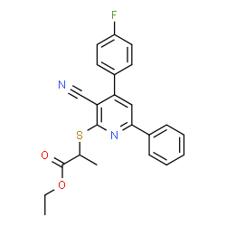 ChemSpider 2D Image | Ethyl 2-{[3-cyano-4-(4-fluorophenyl)-6-phenyl-2-pyridinyl]sulfanyl}propanoate | C23H19FN2O2S