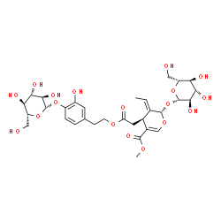 ChemSpider 2D Image | Methyl (2S,3E,4S)-3-ethylidene-2-(beta-D-glucopyranosyloxy)-4-(2-{2-[4-(beta-D-glucopyranosyloxy)-3-hydroxyphenyl]ethoxy}-2-oxoethyl)-3,4-dihydro-2H-pyran-5-carboxylate | C31H42O18