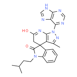 ChemSpider 2D Image | 3'-Methyl-1-(3-methylbutyl)-1'-(1H-purin-6-yl)-1',7'-dihydrospiro[indole-3,4'-pyrazolo[3,4-b]pyridine]-2,6'(1H,5'H)-dione | C24H24N8O2