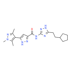ChemSpider 2D Image | N-[5-(2-Cyclopentylethyl)-1H-1,2,4-triazol-3-yl]-1',3',5'-trimethyl-1'H,2H-3,4'-bipyrazole-5-carboxamide | C19H26N8O