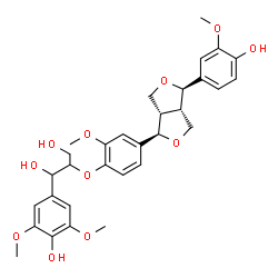 ChemSpider 2D Image | 1-(4-Hydroxy-3,5-dimethoxyphenyl)-2-{4-[(1R,3aS,4R,6aS)-4-(4-hydroxy-3-methoxyphenyl)tetrahydro-1H,3H-furo[3,4-c]furan-1-yl]-2-methoxyphenoxy}-1,3-propanediol | C31H36O11