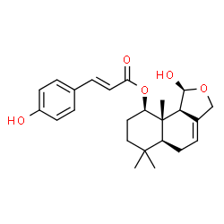 ChemSpider 2D Image | (1S,5aS,9R,9aS,9bS)-1-Hydroxy-6,6,9a-trimethyl-1,3,5,5a,6,7,8,9,9a,9b-decahydronaphtho[1,2-c]furan-9-yl (2E)-3-(4-hydroxyphenyl)acrylate | C24H30O5