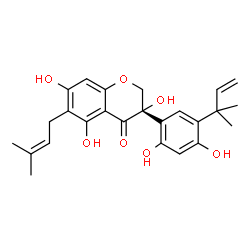 ChemSpider 2D Image | (3S)-3-[2,4-Dihydroxy-5-(2-methyl-3-buten-2-yl)phenyl]-3,5,7-trihydroxy-6-(3-methyl-2-buten-1-yl)-2,3-dihydro-4H-chromen-4-one | C25H28O7