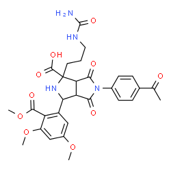 ChemSpider 2D Image | 5-(4-Acetylphenyl)-1-[3-(carbamoylamino)propyl]-3-[3,5-dimethoxy-2-(methoxycarbonyl)phenyl]-4,6-dioxooctahydropyrrolo[3,4-c]pyrrole-1-carboxylic acid | C29H32N4O10