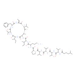 ChemSpider 2D Image | N-(5-Methylhexanoyl)valylthreonylvalylvalylprolylornithyl-N-(9-benzyl-15-sec-butyl-6-ethylidene-3,12-diisopropyl-19-methyl-2,5,8,11,14,17-hexaoxo-1-oxa-4,7,10,13,16-pentaazacyclononadecan-18-yl)isoleu
cinamide | C75H124N14O16