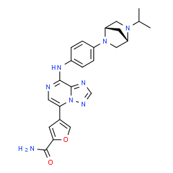 ChemSpider 2D Image | 4-[8-({4-[(1S,4S)-5-Isopropyl-2,5-diazabicyclo[2.2.1]hept-2-yl]phenyl}amino)[1,2,4]triazolo[1,5-a]pyrazin-5-yl]-2-furamide | C24H26N8O2