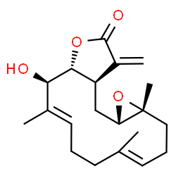ChemSpider 2D Image | (1aR,4E,8E,10R,10aR,13aR,14aS)-10-Hydroxy-1a,5,9-trimethyl-13-methylene-2,3,6,7,10,10a,13,13a,14,14a-decahydrooxireno[4,5]cyclotetradeca[1,2-b]furan-12(1aH)-one | C20H28O4