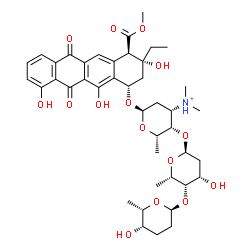 ChemSpider 2D Image | (1S,3R,4R)-3-Ethyl-3,10,12-trihydroxy-4-(methoxycarbonyl)-6,11-dioxo-1,2,3,4,6,11-hexahydro-1-tetracenyl 2,3,6-trideoxy-4-O-{2,6-dideoxy-4-O-[(2S,5S,6S)-5-hydroxy-6-methyltetrahydro-2H-pyran-2-yl]-alp
ha-L-lyxo-hexopyranosyl}-3-(dimethylammonio)-alpha-L-lyxo-hexopyranoside | C42H56NO15