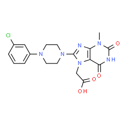 ChemSpider 2D Image | {8-[4-(3-Chlorophenyl)-1-piperazinyl]-3-methyl-2,6-dioxo-1,2,3,6-tetrahydro-7H-purin-7-yl}acetic acid | C18H19ClN6O4