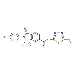 ChemSpider 2D Image | 2-(4-Bromophenyl)-N-(5-ethyl-1,3,4-thiadiazol-2-yl)-3-oxo-2,3-dihydro-1,2-benzothiazole-6-carboxamide 1,1-dioxide | C18H13BrN4O4S2