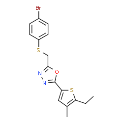 ChemSpider 2D Image | 2-{[(4-Bromophenyl)sulfanyl]methyl}-5-(5-ethyl-4-methyl-2-thienyl)-1,3,4-oxadiazole | C16H15BrN2OS2