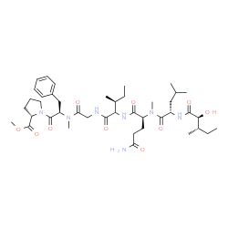 ChemSpider 2D Image | Methyl N-[(2S,3S)-2-hydroxy-3-methylpentanoyl]-L-leucyl-N~2~-methyl-L-glutaminylisoleucylglycyl-N-methyl-D-phenylalanyl-L-prolinate | C42H67N7O10