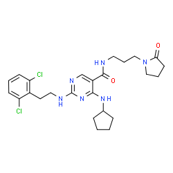 ChemSpider 2D Image | 4-(Cyclopentylamino)-2-{[2-(2,6-dichlorophenyl)ethyl]amino}-N-[3-(2-oxo-1-pyrrolidinyl)propyl]-5-pyrimidinecarboxamide | C25H32Cl2N6O2
