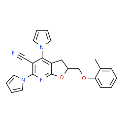 ChemSpider 2D Image | 2-[(2-Methylphenoxy)methyl]-4,6-di(1H-pyrrol-1-yl)-2,3-dihydrofuro[2,3-b]pyridine-5-carbonitrile | C24H20N4O2