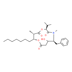 ChemSpider 2D Image | (2S,5S,10R,11S)-5-Benzyl-10-heptyl-6-hydroxy-2-isopropyl-4,11-dimethyl-1,9-dioxa-4-azacyclododecane-3,8,12-trione | C28H43NO6