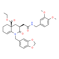 ChemSpider 2D Image | Ethyl (3S,4aS)-1-(1,3-benzodioxol-5-ylmethyl)-3-{2-[(3,4-dimethoxybenzyl)amino]-2-oxoethyl}-2-oxo-1,3,4,5,6,7-hexahydro-4a(2H)-quinolinecarboxylate | C31H36N2O8
