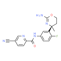 ChemSpider 2D Image | N-{3-[(4S)-2-Amino-4-methyl-5,6-dihydro-4H-1,3-oxazin-4-yl]-4-fluorophenyl}-5-cyano-2-pyridinecarboxamide | C18H16FN5O2