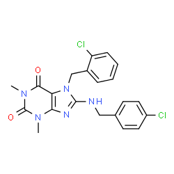 ChemSpider 2D Image | 7-(2-Chlorobenzyl)-8-[(4-chlorobenzyl)amino]-1,3-dimethyl-3,7-dihydro-1H-purine-2,6-dione | C21H19Cl2N5O2