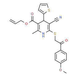 ChemSpider 2D Image | Allyl 5-cyano-6-{[2-(4-methoxyphenyl)-2-oxoethyl]sulfanyl}-2-methyl-4-(2-thienyl)-1,4-dihydro-3-pyridinecarboxylate | C24H22N2O4S2